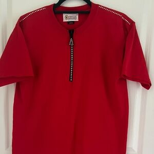 Pretty 100%Cotton Short Sleeve Red Shirt with Rhinestone Zipper